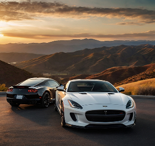 Two luxury sports cars parked on a mountain road at sunset, white car in front and dark car behind, with golden hills in the background and a warm sky.